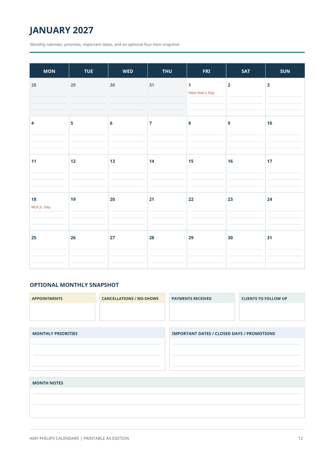 A monthly calendar with priorities, important dates and notes