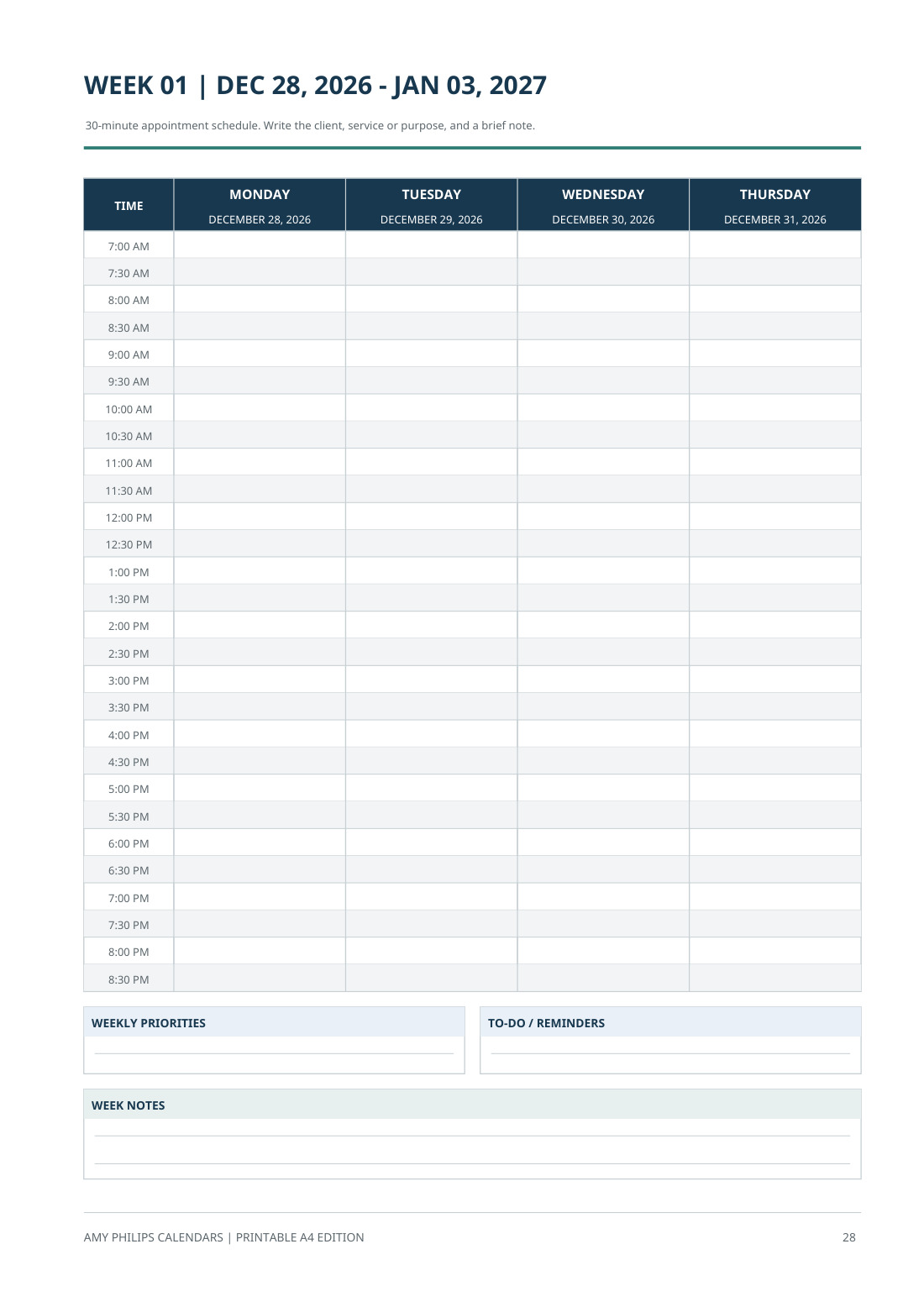 A weekly appointment schedule in half-hour rows