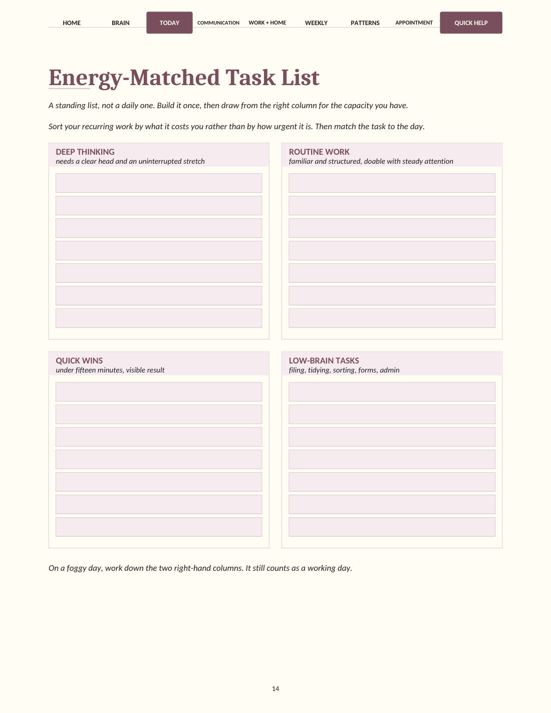 The energy-matched task list page