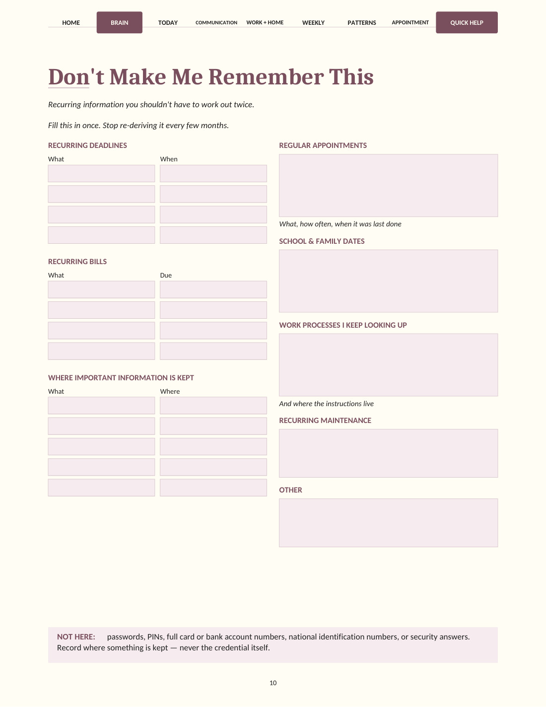 The page for recurring information you should not have to hold