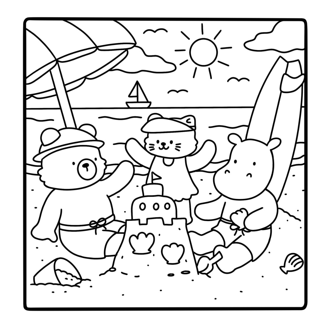 A coloring page of a bear, a cat and a hippo building a sandcastle on the beach under a parasol, with a sailboat on the horizon