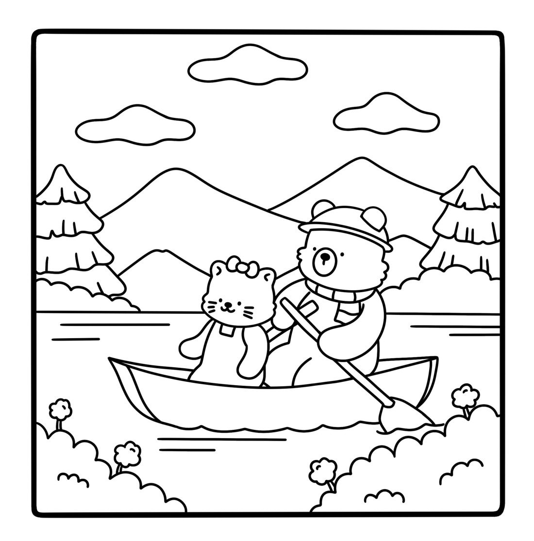 A page from the book: two bears rowing a little boat on a lake, drawn in clean outlines ready to color