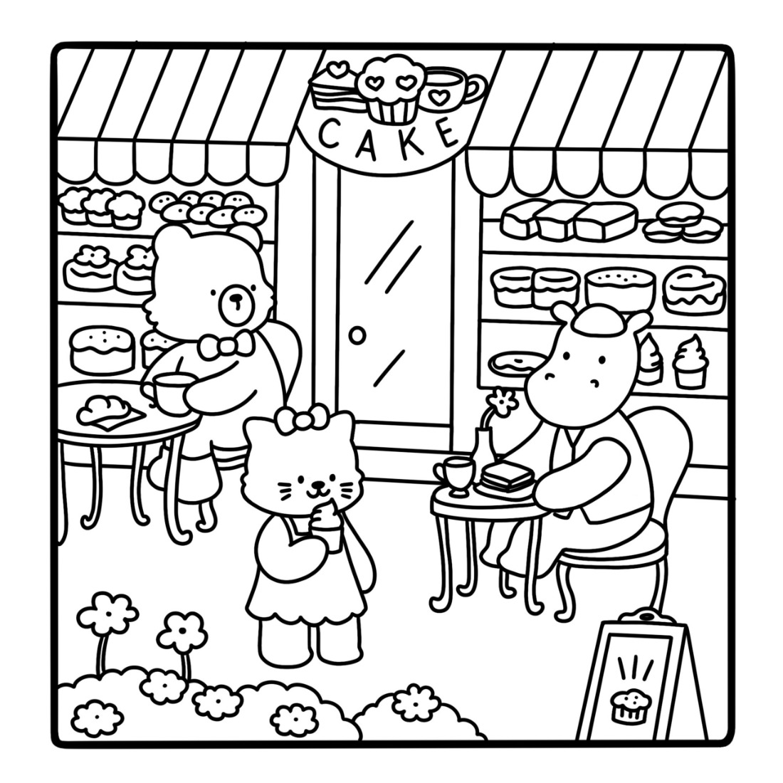 A coloring page of a bakery terrace with a CAKE sign, bears and a cat sitting at little tables among shelves of pastries