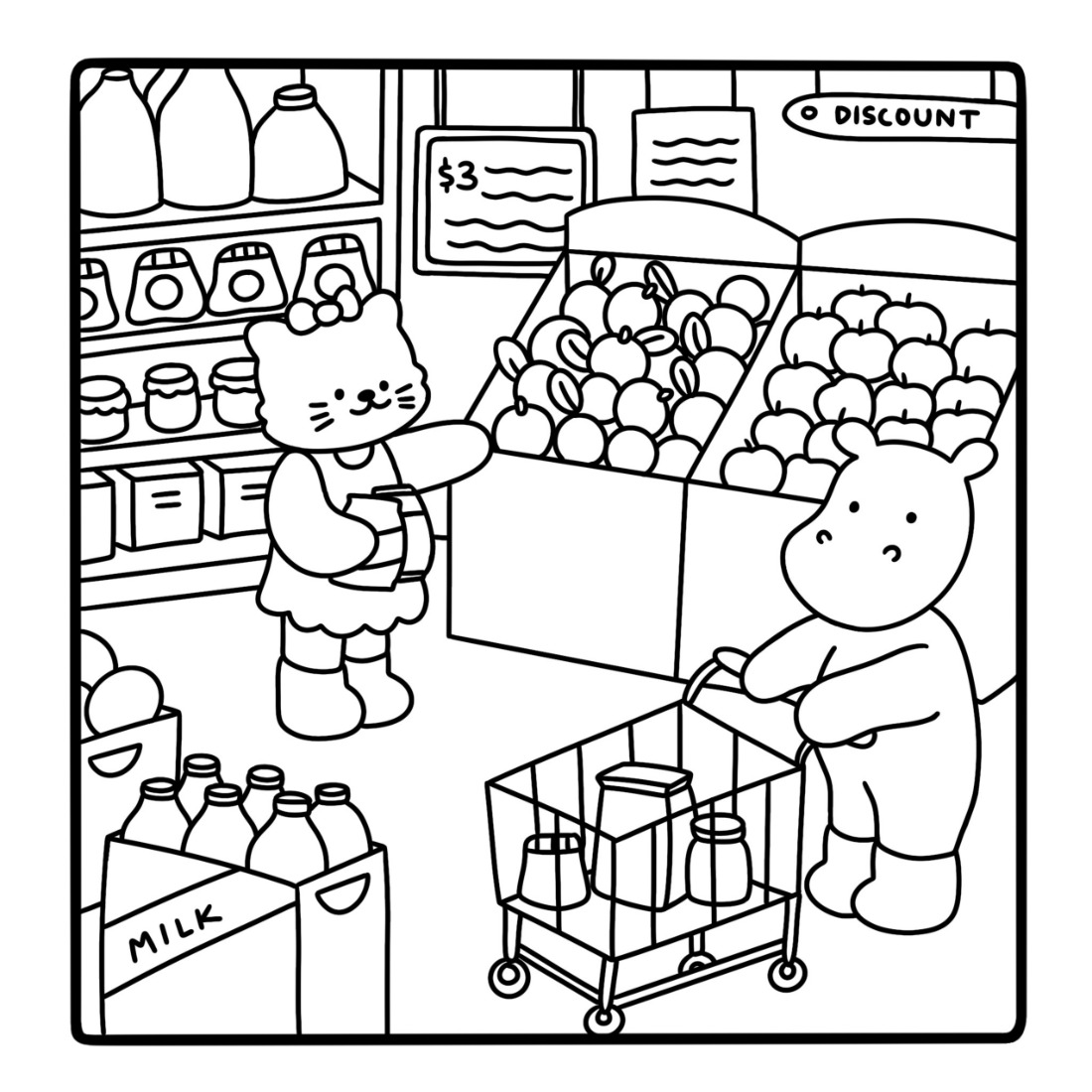 A coloring page of a grocery shop, a cat reaching for apples at the produce stand and a bear pushing a trolley of milk
