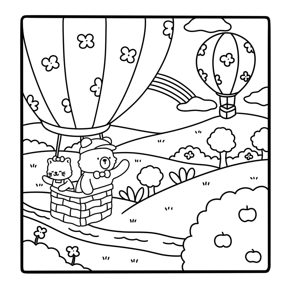 A coloring page of a bear and two little ones riding in a hot air balloon basket over rolling hills, with a rainbow and a second balloon