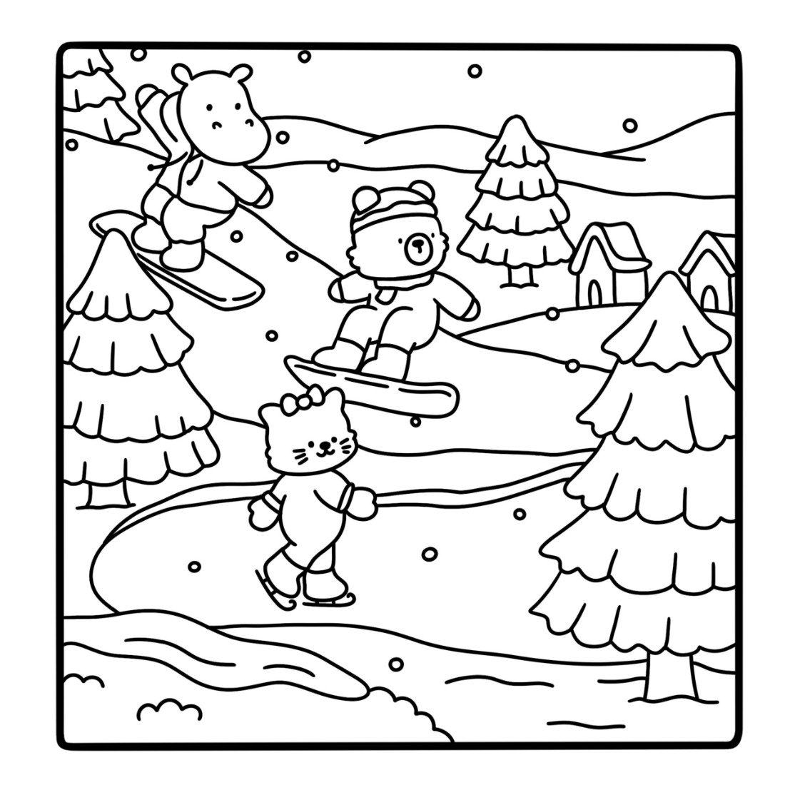 A coloring page of a cat skating on a frozen pond with a bear and a hippo on the snowy slope behind, fir trees and a village in the distance