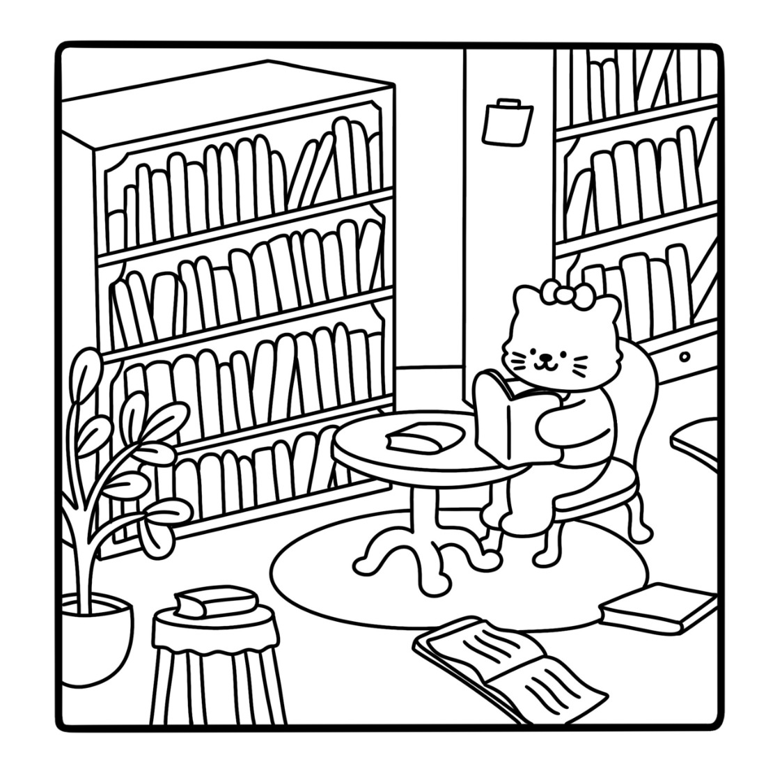 A coloring page of a cat reading at a round table beside tall bookshelves, with a plant and books on the floor