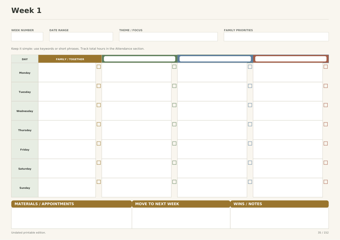 A weekly plan page with a column per child