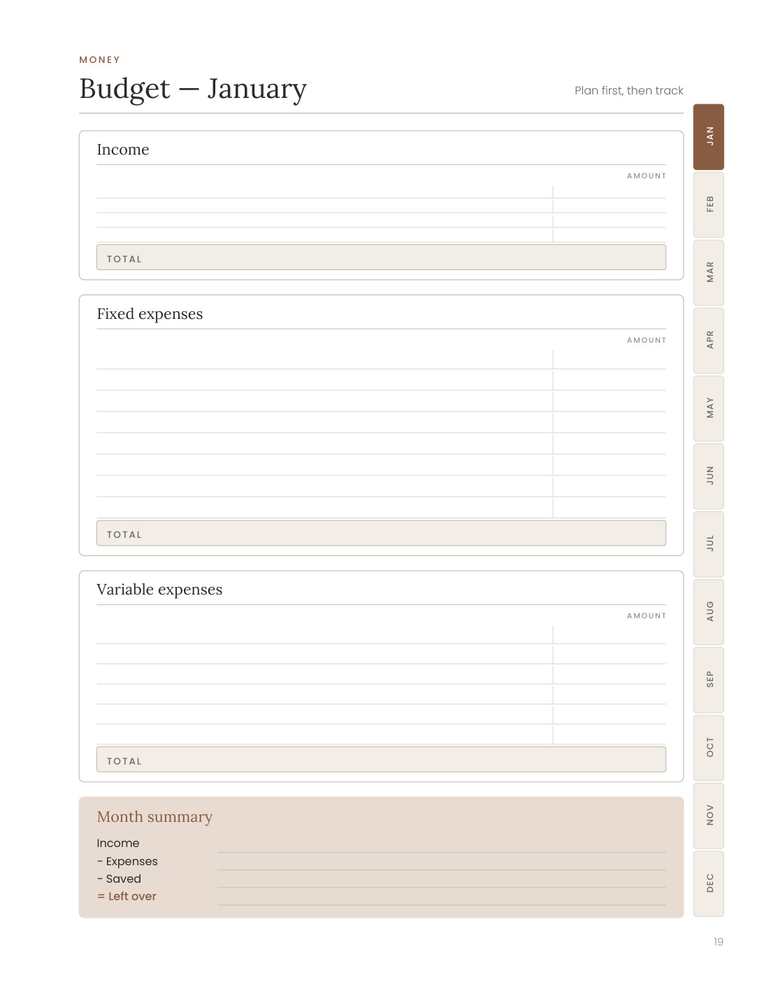 A monthly budget page with income, expenses and a summary