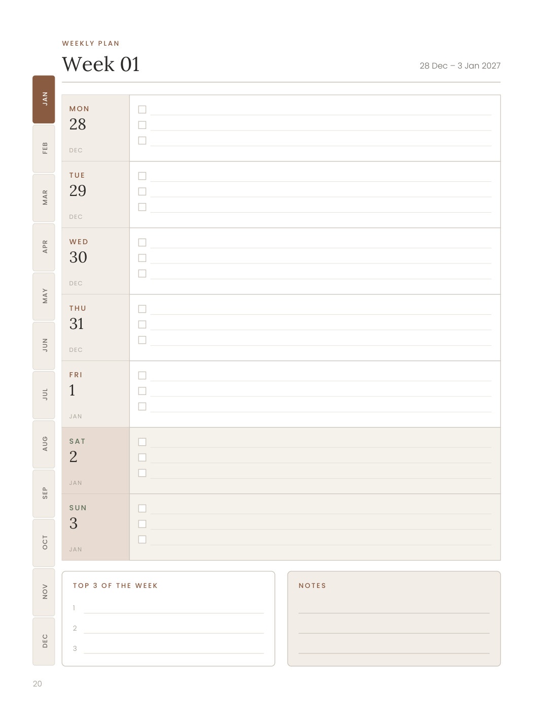 A weekly plan page with seven days and a side column for notes