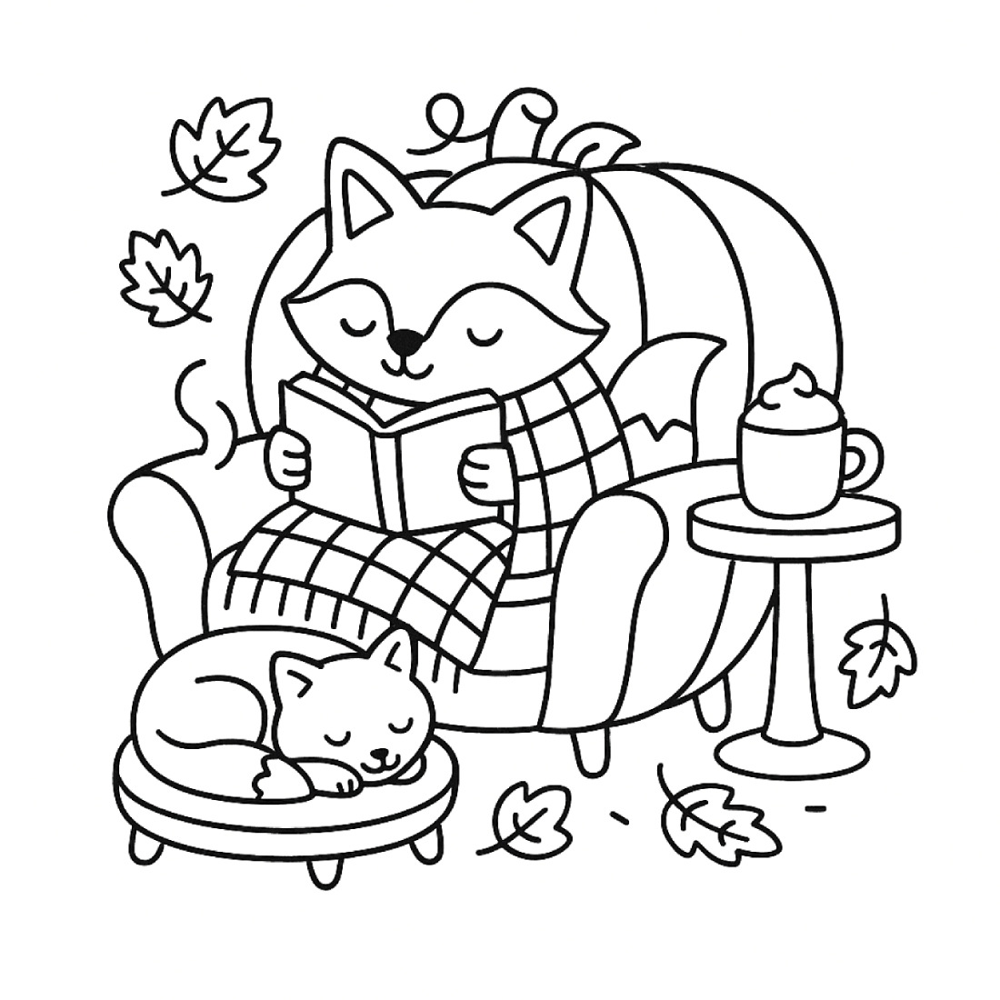 A coloring page of a fox reading in an armchair under a blanket with a cat asleep on a cushion beside it