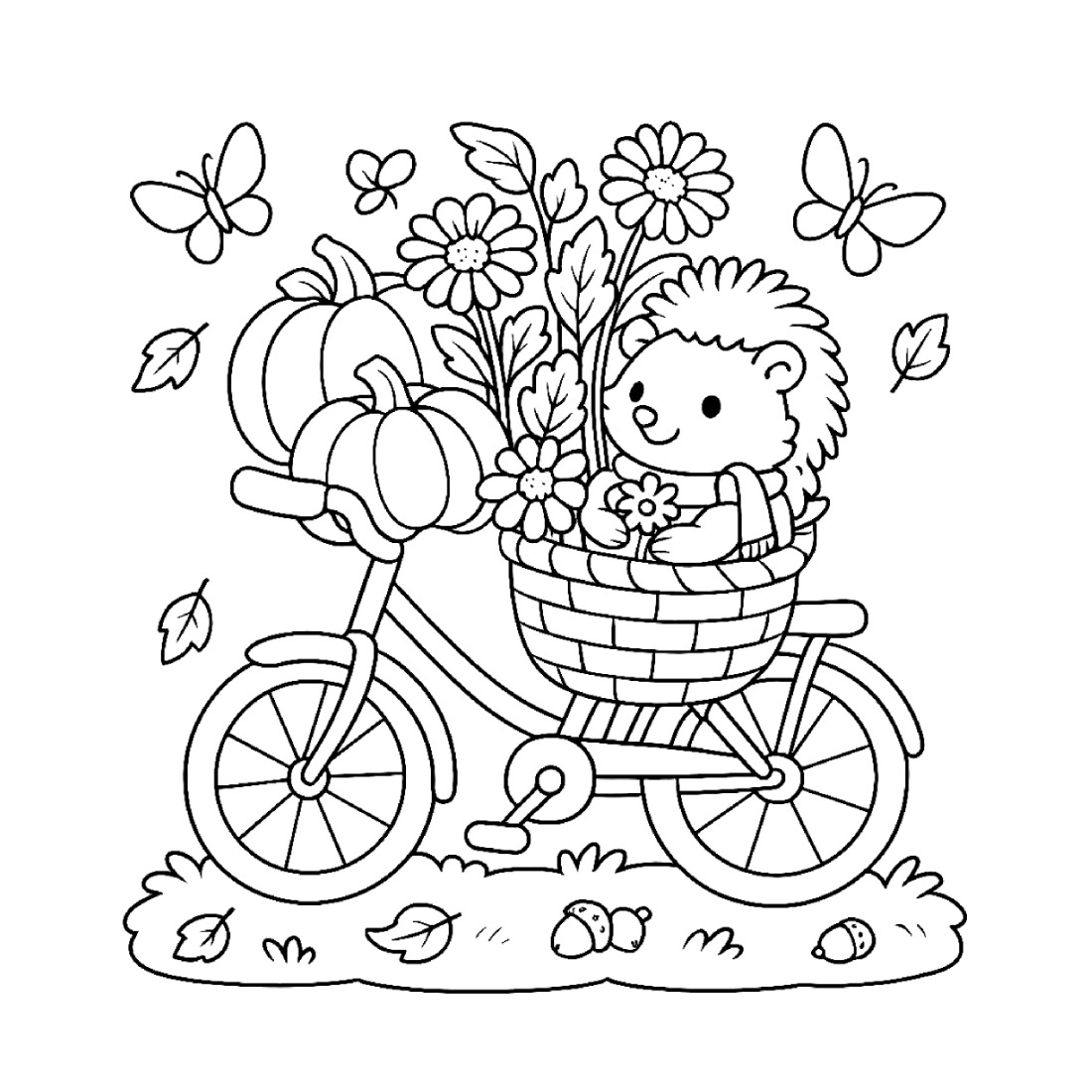 A coloring page of a hedgehog riding a bicycle with pumpkins, flowers and butterflies in the front basket
