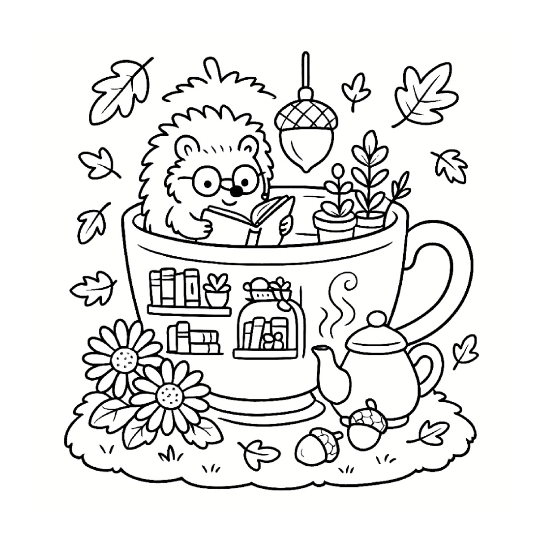 A coloring page of a giant teacup furnished as a room, with a hedgehog in glasses reading inside and bookshelves below