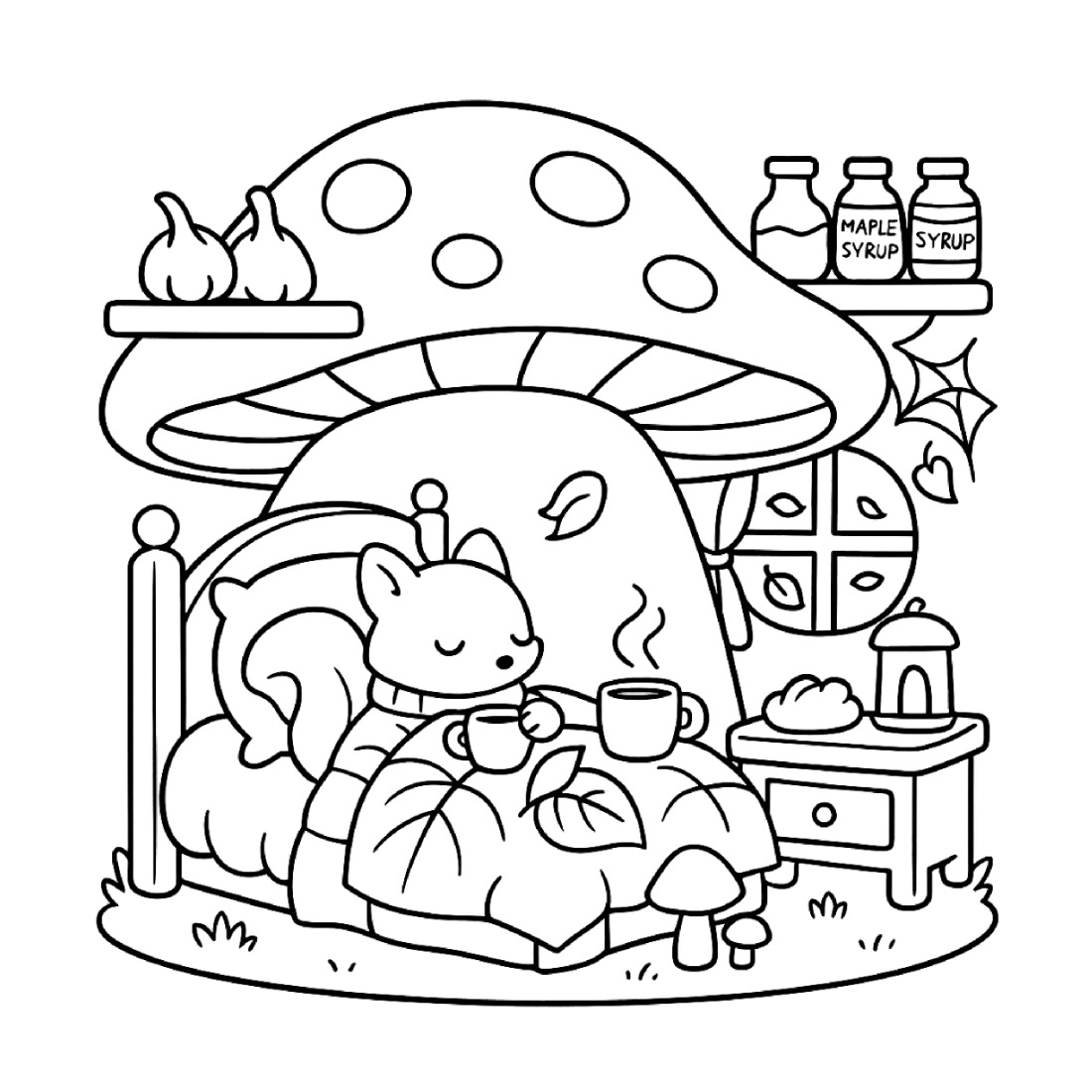 A coloring page of a squirrel tucked into bed under a mushroom cap, with a bedside table and bottles of syrup on a shelf