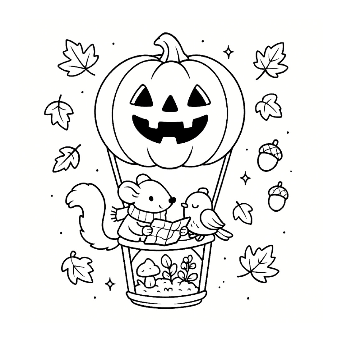 A coloring page of a carved pumpkin flying as a hot air balloon, carrying a squirrel and a bird in the basket