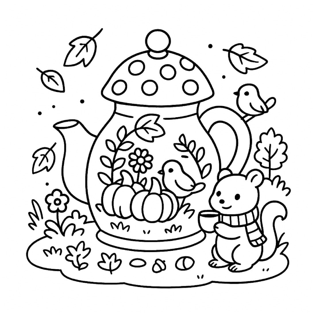 A coloring page of a teapot turned into a house with a door and a window, a squirrel with a mug beside it and birds perched on the handle