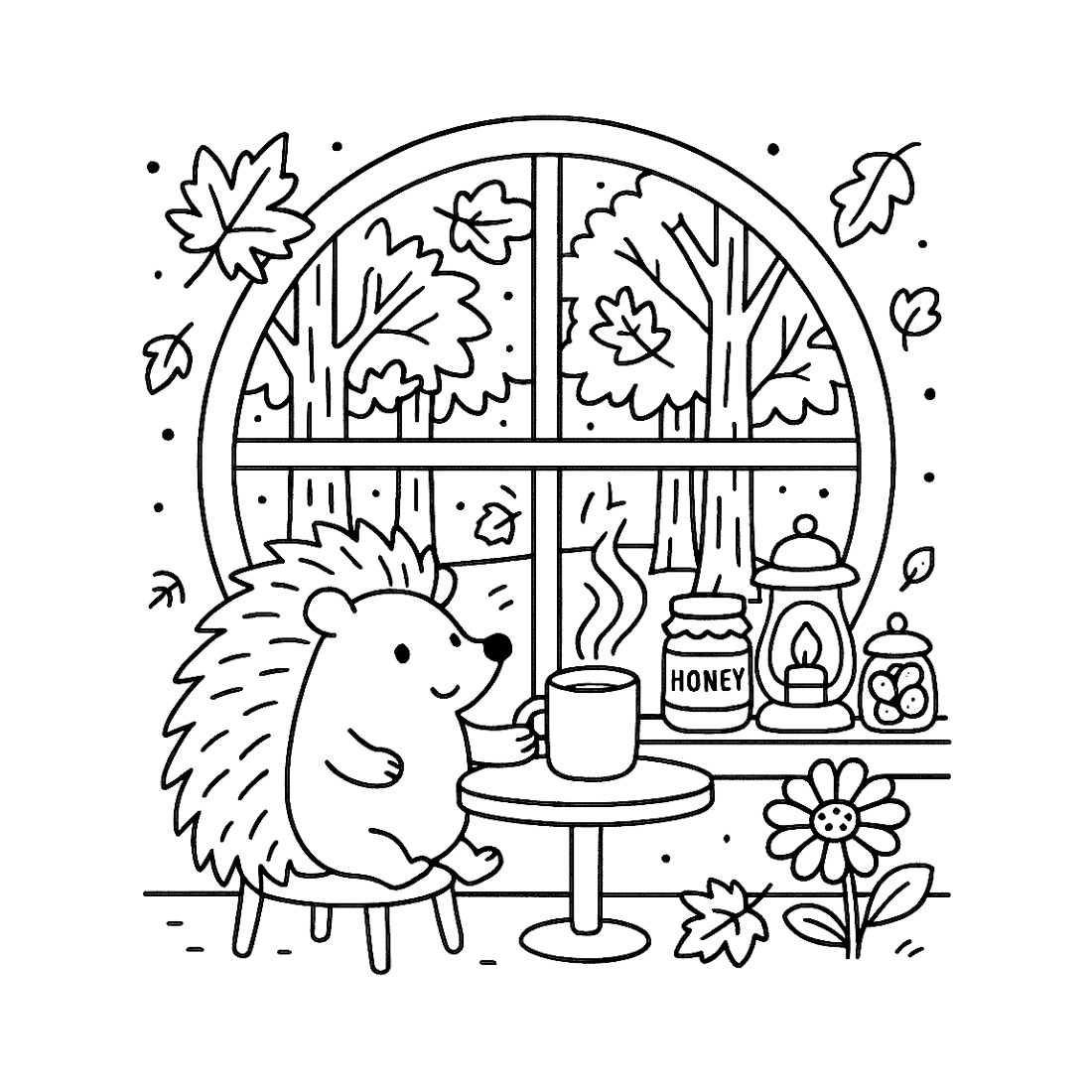 A page from the book: a hedgehog at a window seat with a mug, surrounded by autumn leaves, ready to color