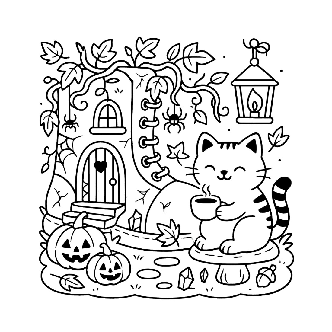 A coloring page of a cat holding a mug outside a cottage covered in vines, with carved pumpkins, a lantern and small spiders