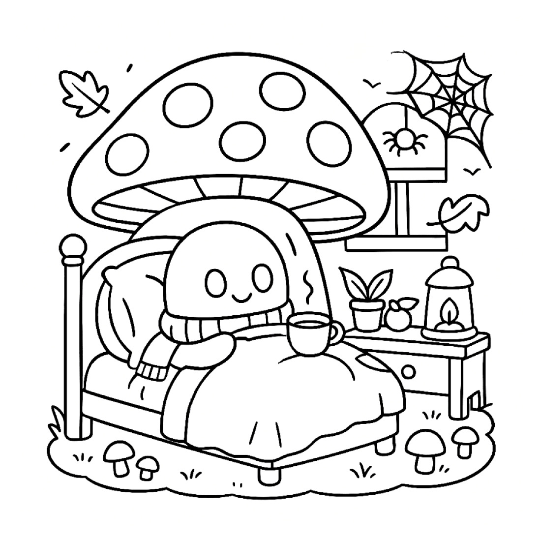 A coloring page of a smiling ghost tucked into bed under a mushroom cap, holding a mug, with a lantern and a plant on the bedside table