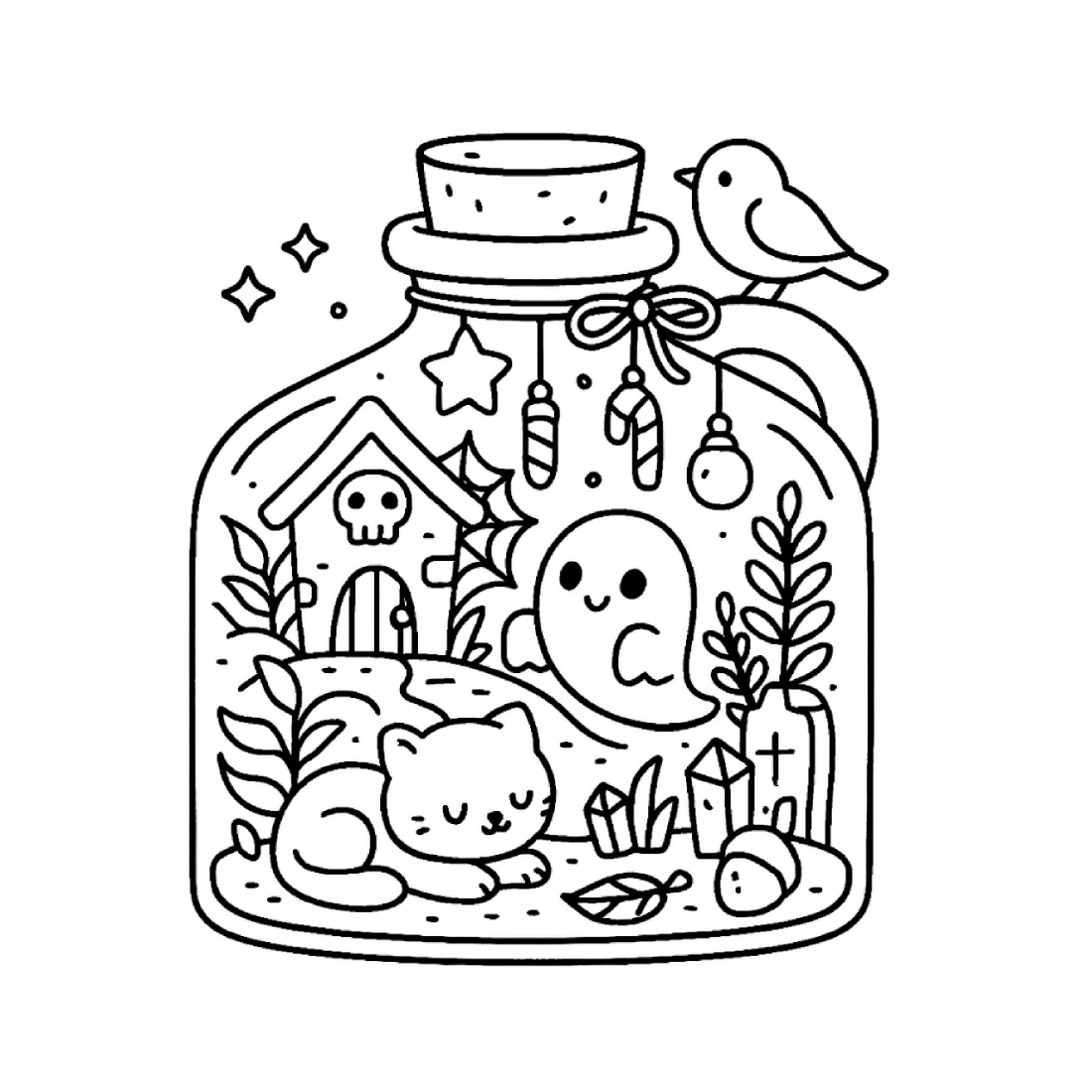 A coloring page of a glass jar terrarium holding a tiny haunted house, a smiling ghost and a sleeping cat, with a bird perched on the lid