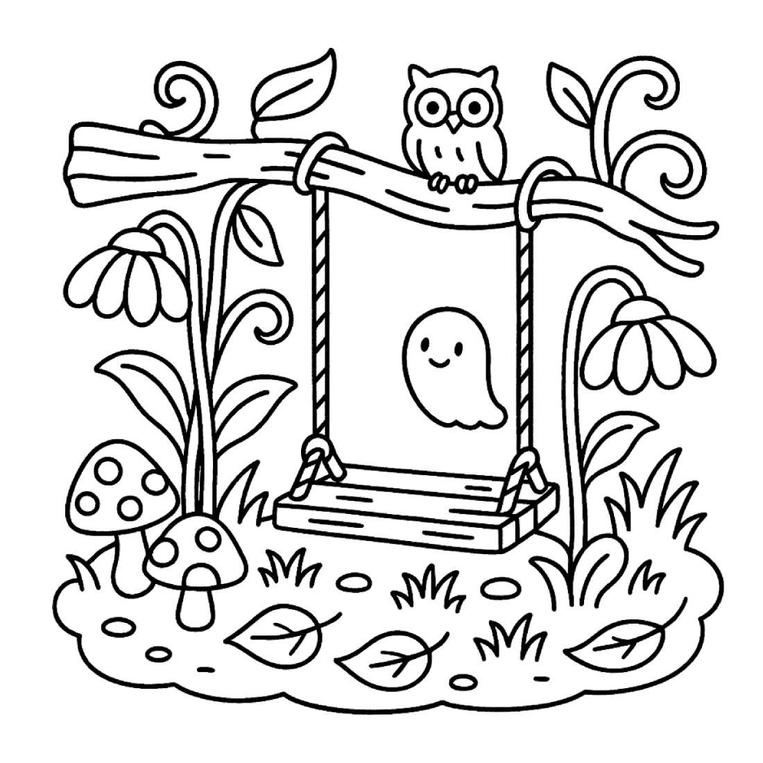 A coloring page of a small smiling ghost sitting on a rope swing hung from a branch, with an owl perched above and snowdrops below