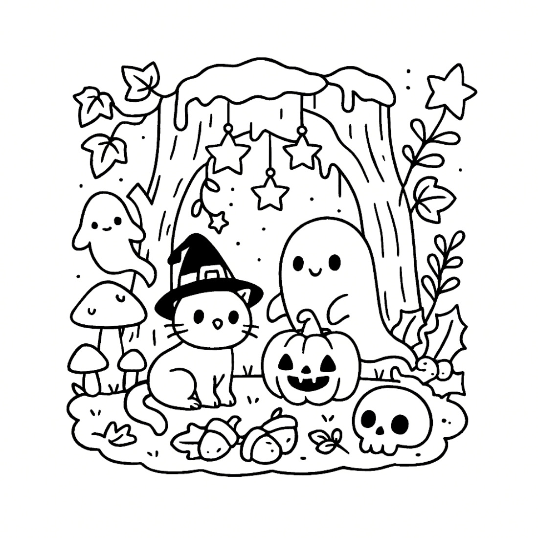 A page from the book: a little ghost in a witch hat among pumpkins and cobwebs, ready to color