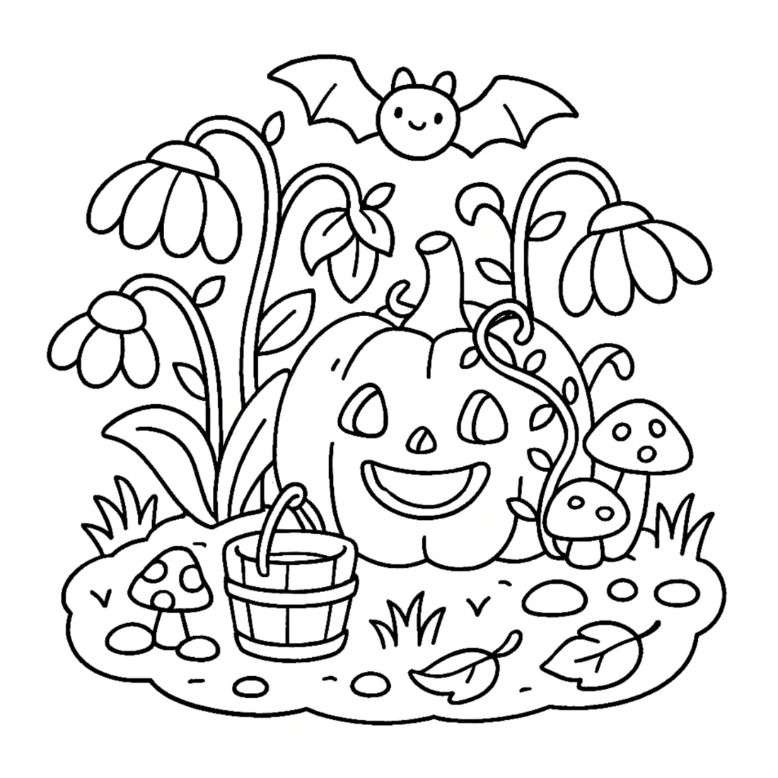 A coloring page of a grinning carved pumpkin in a bed of snowdrops with a wooden bucket, toadstools and a bat flying overhead