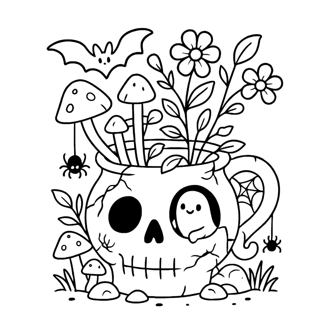 A coloring page of a skull used as a plant pot with mushrooms and flowers growing out of it, a ghost peeking through one eye socket, a bat and a spider nearby