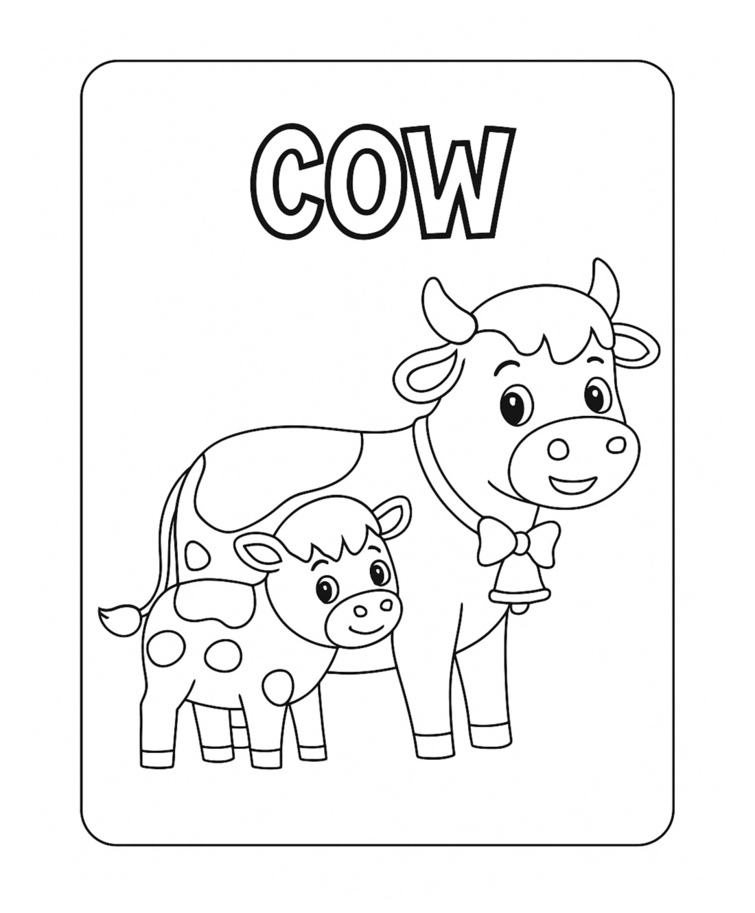 A coloring page headed COW in outlined block capitals, with a cow wearing a bell and a spotted calf beside her