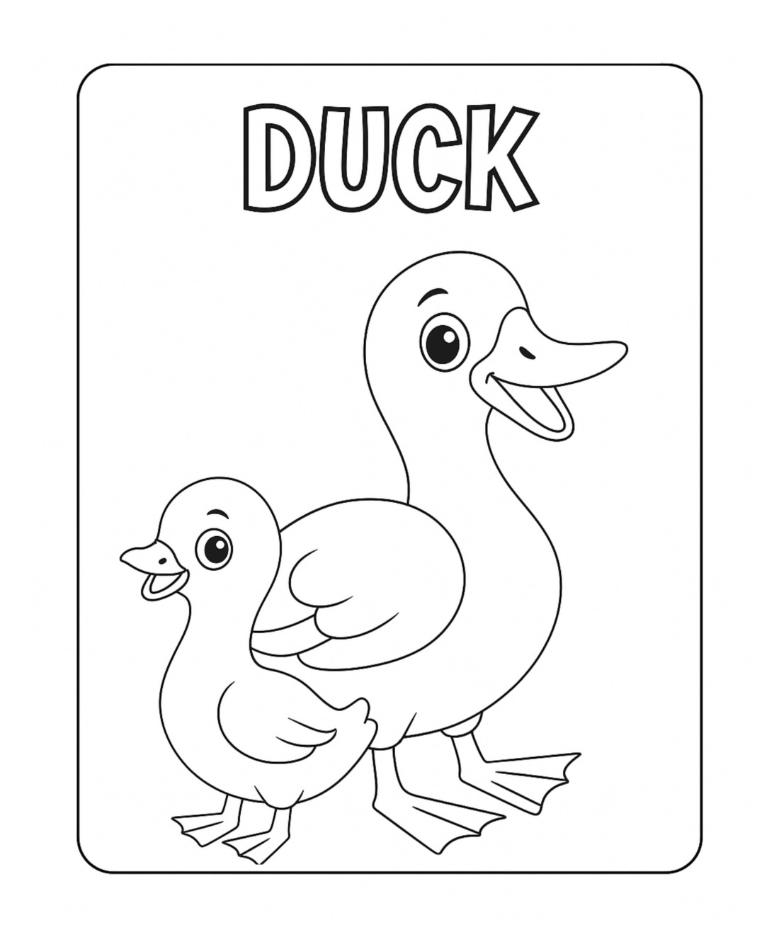 A coloring page headed DUCK in outlined block capitals, with a duck and a duckling walking together