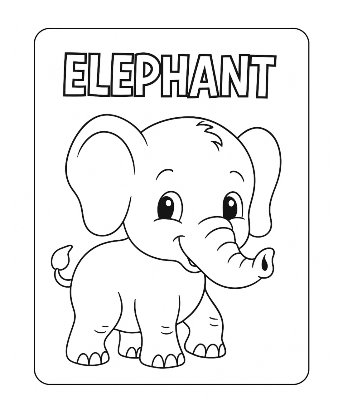A coloring page headed ELEPHANT in outlined block capitals, with a friendly elephant drawn in a few large open shapes