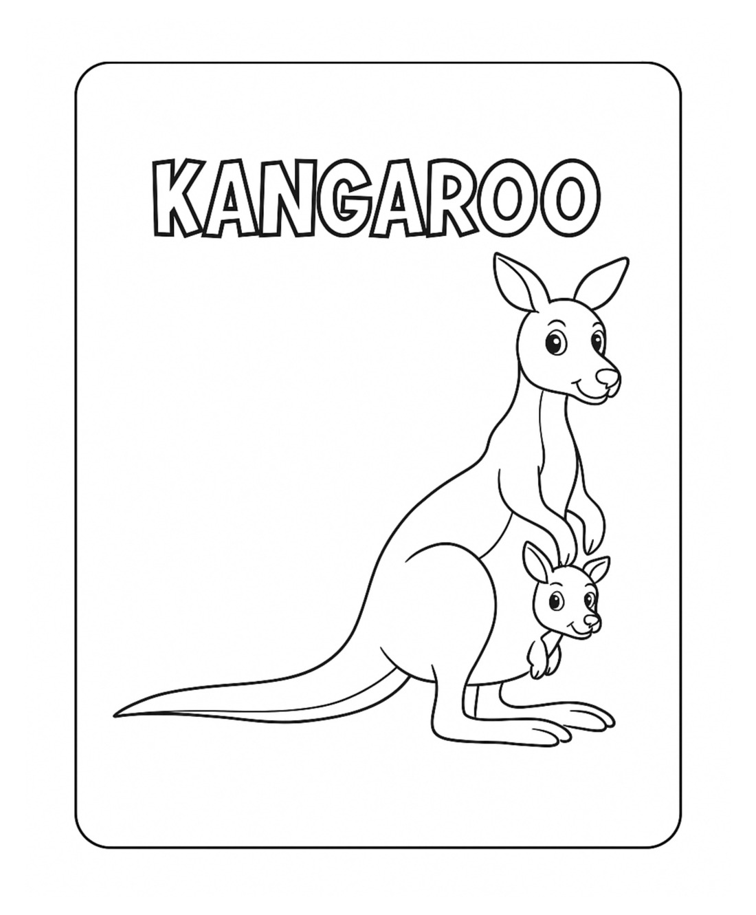 A coloring page headed KANGAROO in outlined block capitals, with a kangaroo carrying a joey in her pouch