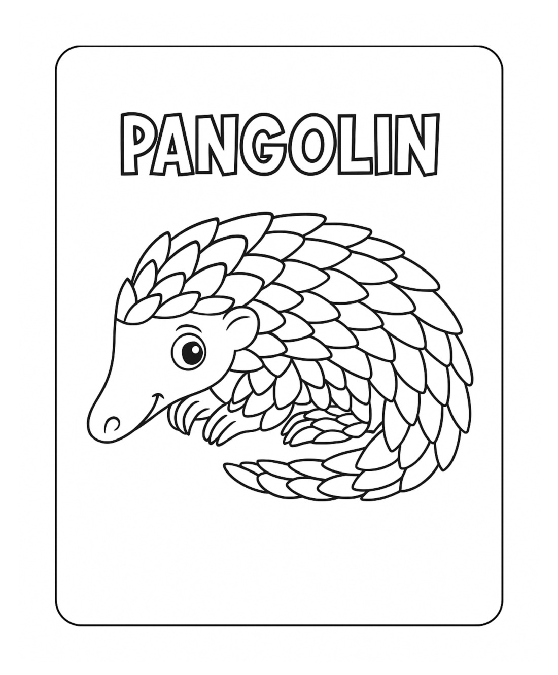 A coloring page headed PANGOLIN in outlined block capitals, with a pangolin covered in large overlapping scales
