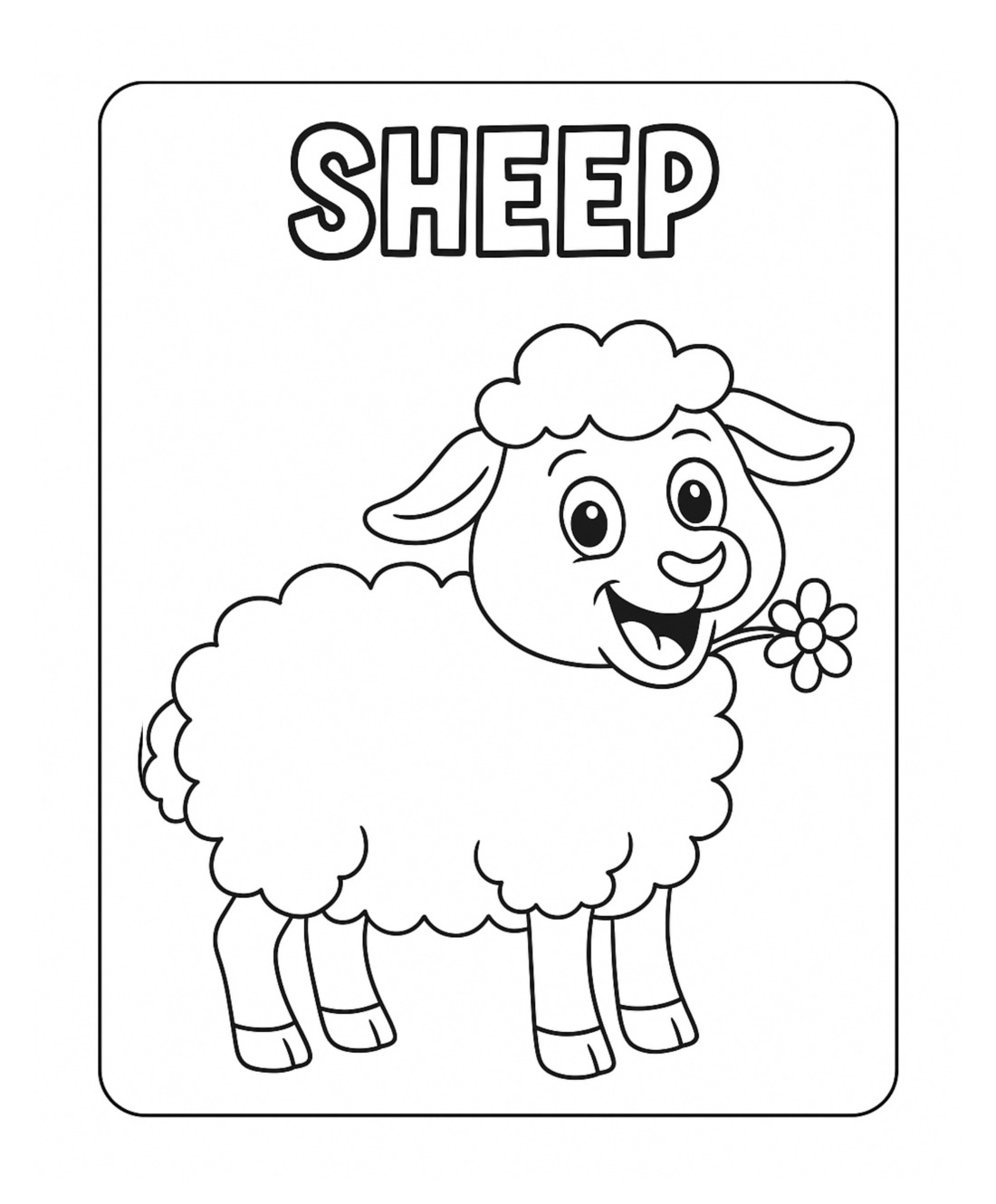 A coloring page headed SHEEP in outlined block capitals, with a smiling sheep holding a flower in its mouth, drawn in thick simple lines