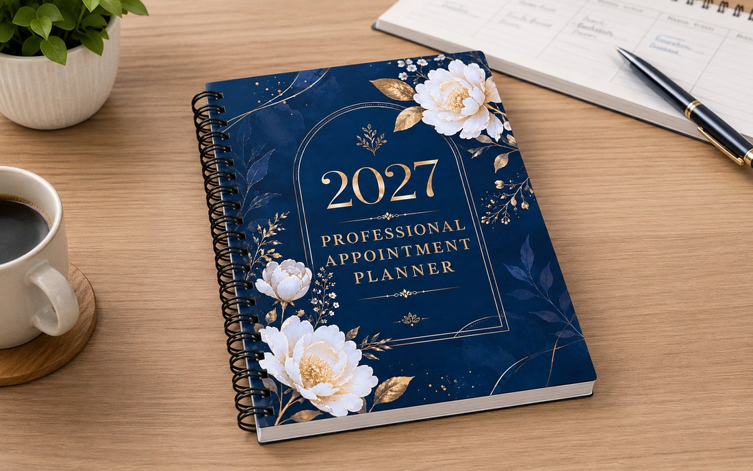 The 2027 Professional Appointment Planner, coil-bound, on a desk with coffee and notes.