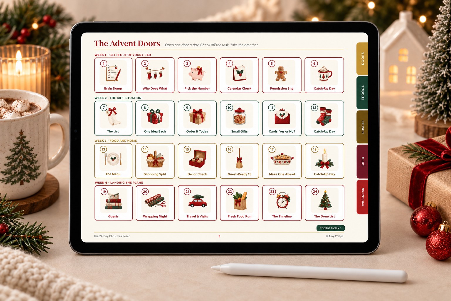 The Advent Doors page on a tablet, showing all 24 days grouped into four weeks