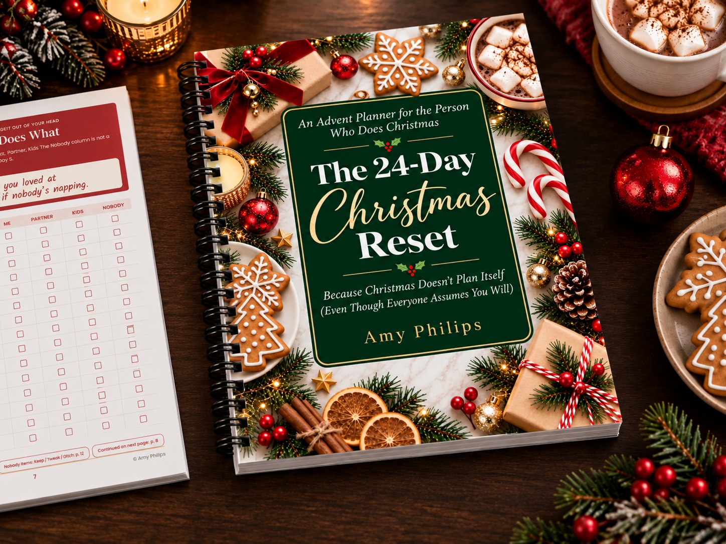The 24-Day Christmas Reset closed beside an open Who Does What page