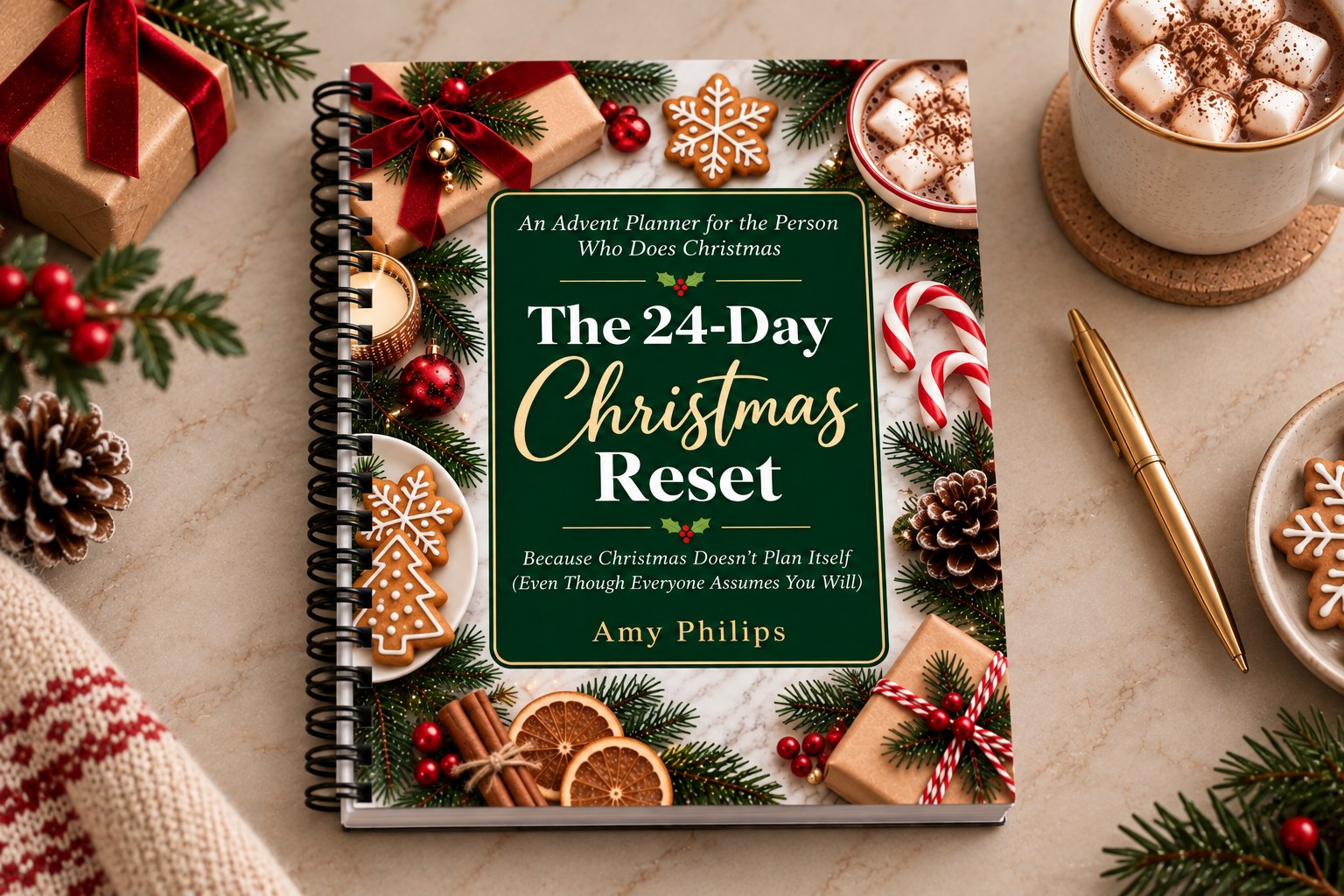 The 24-Day Christmas Reset coil-bound planner on a table