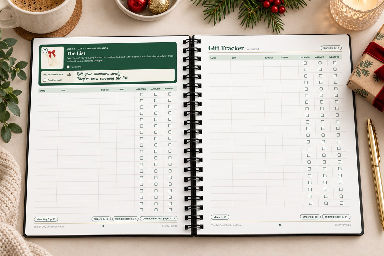 An open spread showing the Day 7 task, today’s breather and the Gift Tracker table