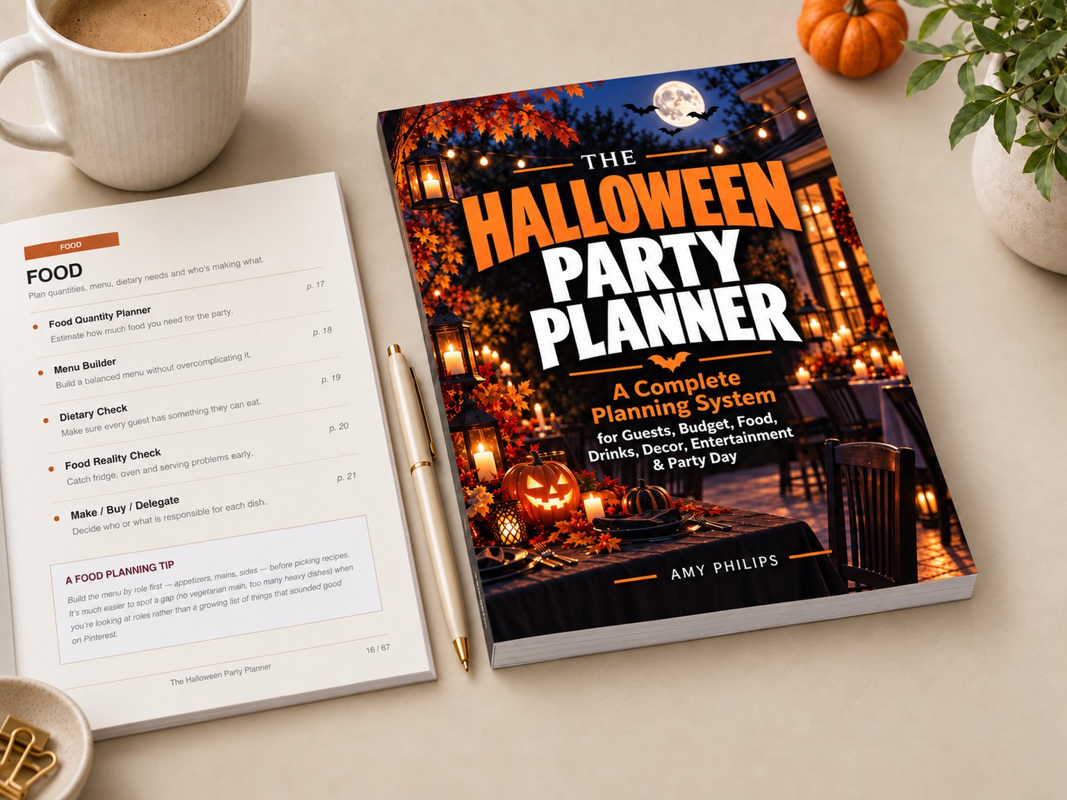 The Halloween Party Planner open at the food section beside a closed copy.