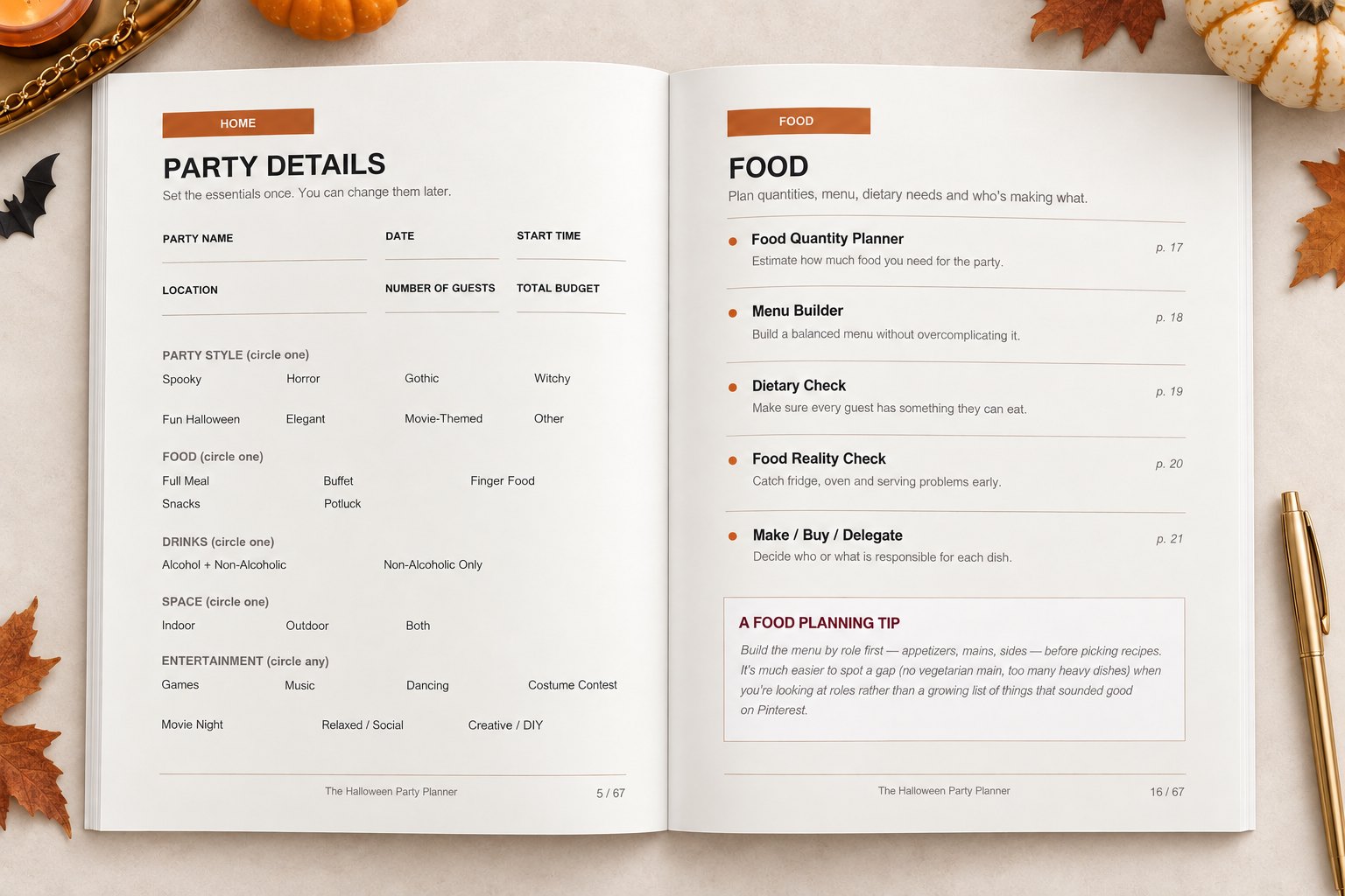 The Halloween Party Planner — the print edition, open spread