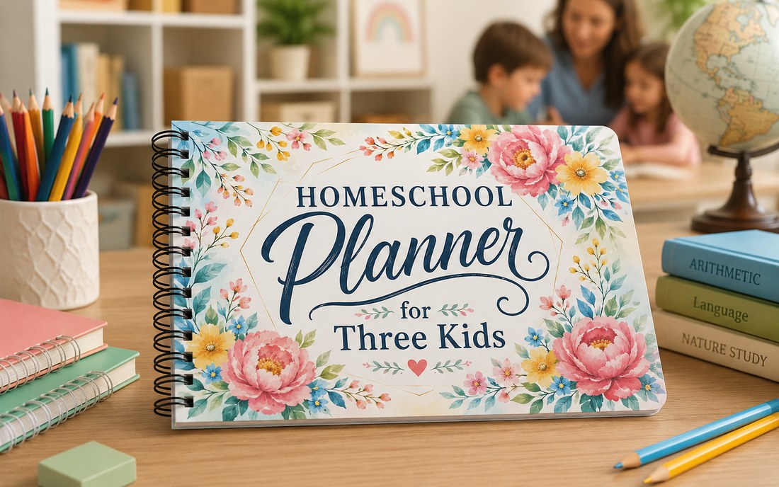The Homeschool Planner for Three Kids, coil-bound, open on a table with pencils and books.