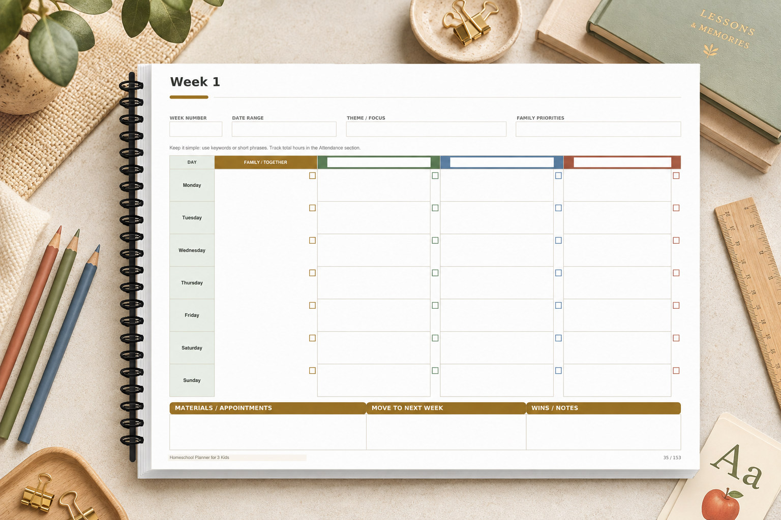 Homeschool Planner for Three Kids — the print edition, coil-bound
