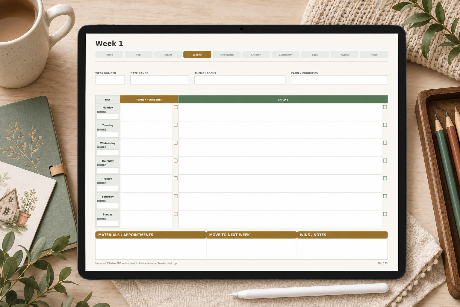 Homeschool Planner for Three Kids — the digital edition, on screen