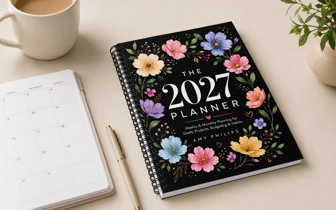 The 2027 Planner, coil-bound, on a desk beside a monthly page and a pen.