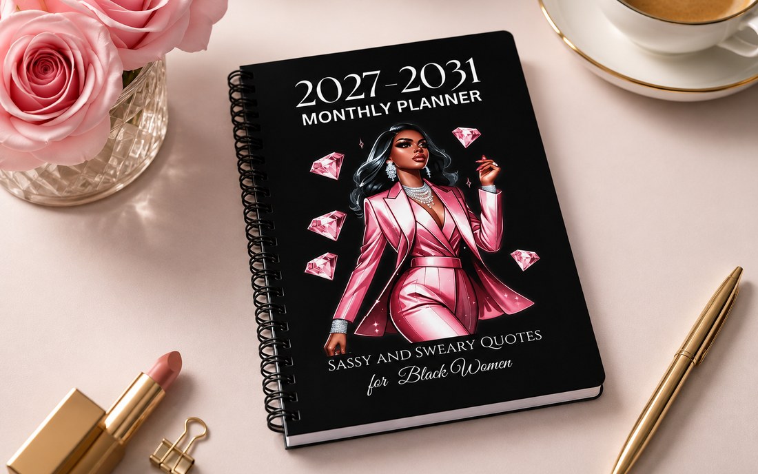 The 2027–2031 Sassy & Sweary Monthly Planner, coil-bound, on a desk with roses and a pen.