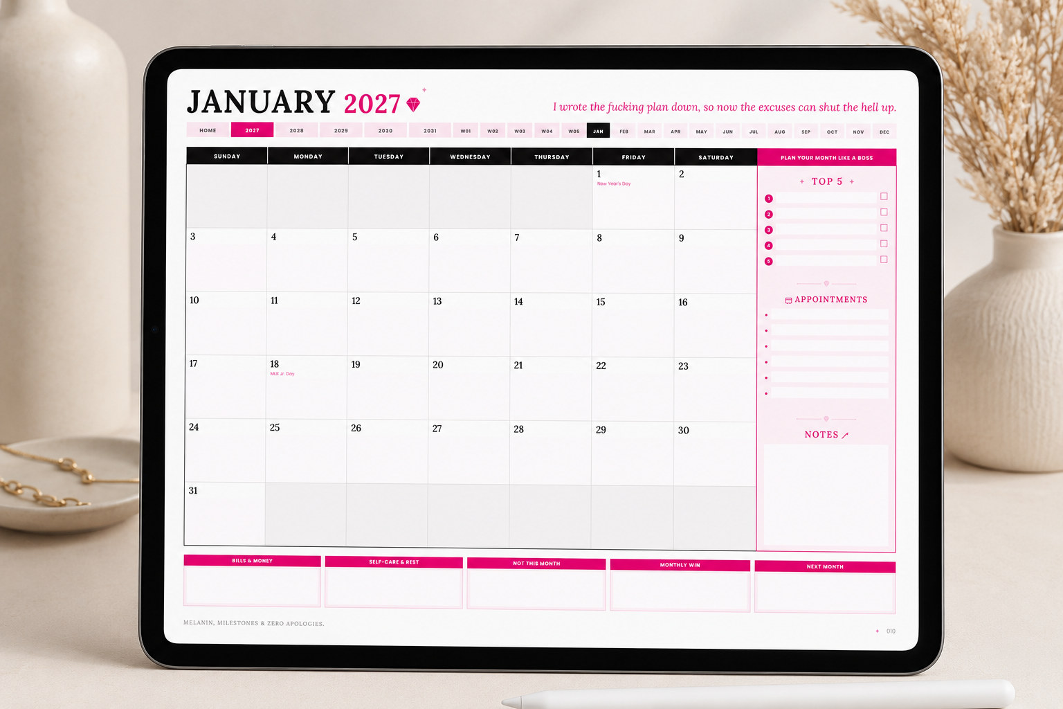 2027–2031 Sassy & Sweary Monthly Planner for Black Women — the digital edition, on screen