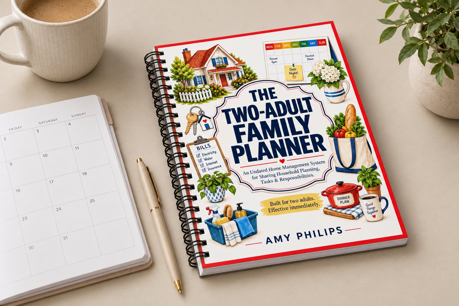 The Two-Adult Family Planner cover beside an open planner on a desk