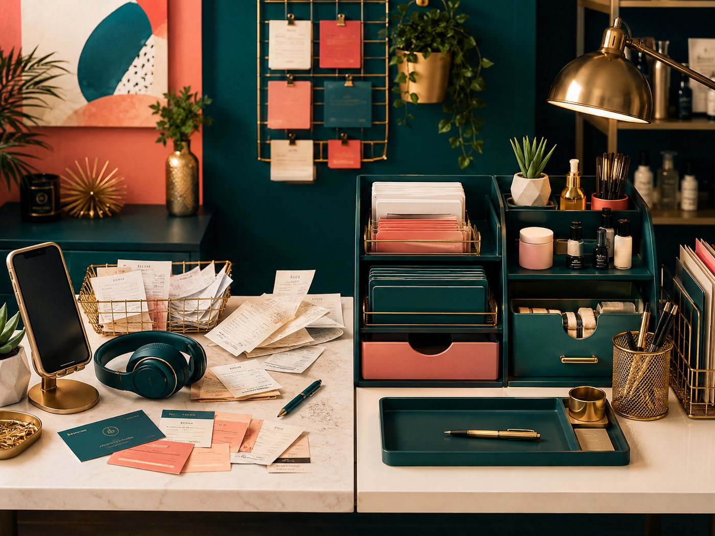 A desk with receipts, client cards and sorted organisers for business admin.