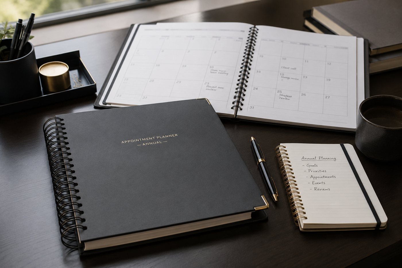 An annual appointment planner beside an open monthly spread and a notepad of planning headings.